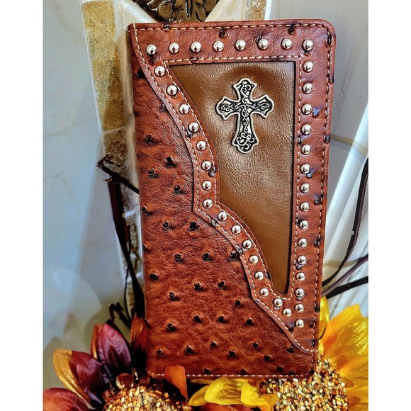 Cross Mens wallet Western Bifold W011-55 Ostrich Brown check book faux leather